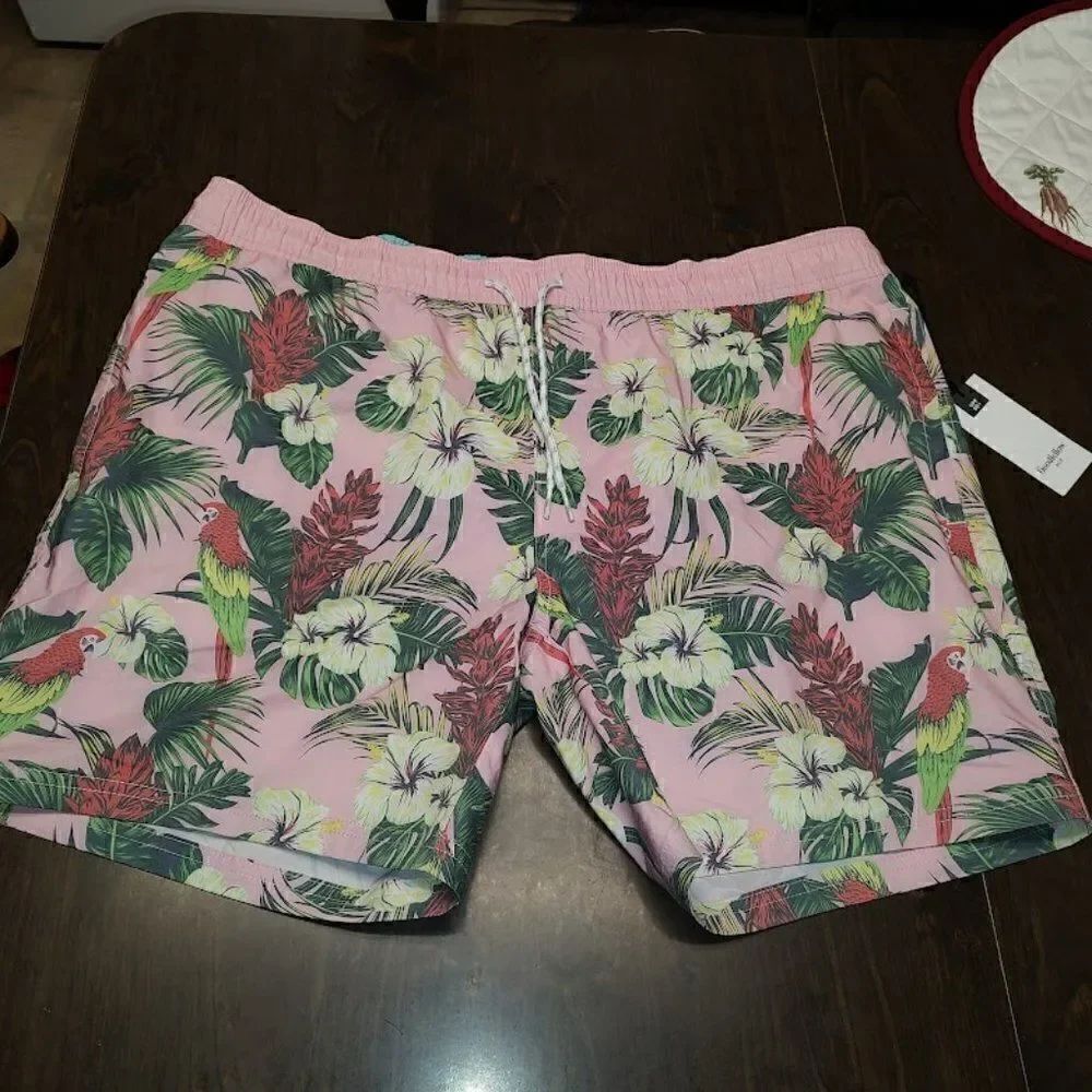 New Goodfellow Pink Parrots Flowered Swim Trunks Men's XL